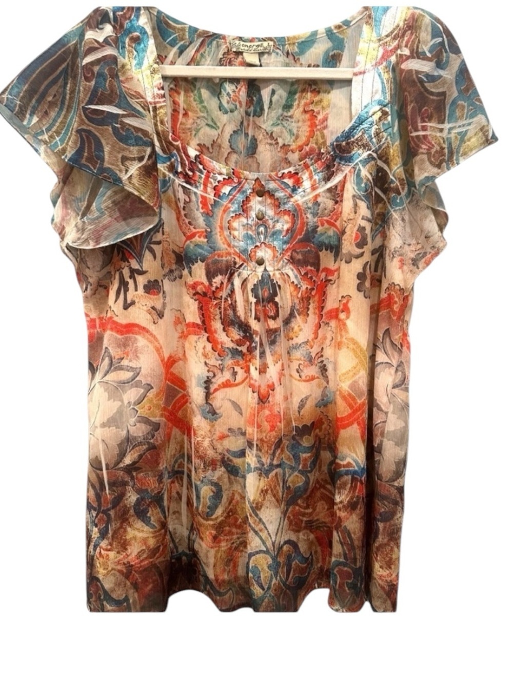 Energie Boho Y2K  Ruffled Babydoll Blouse  Sz Large Colorful Flowy Feminine Fall